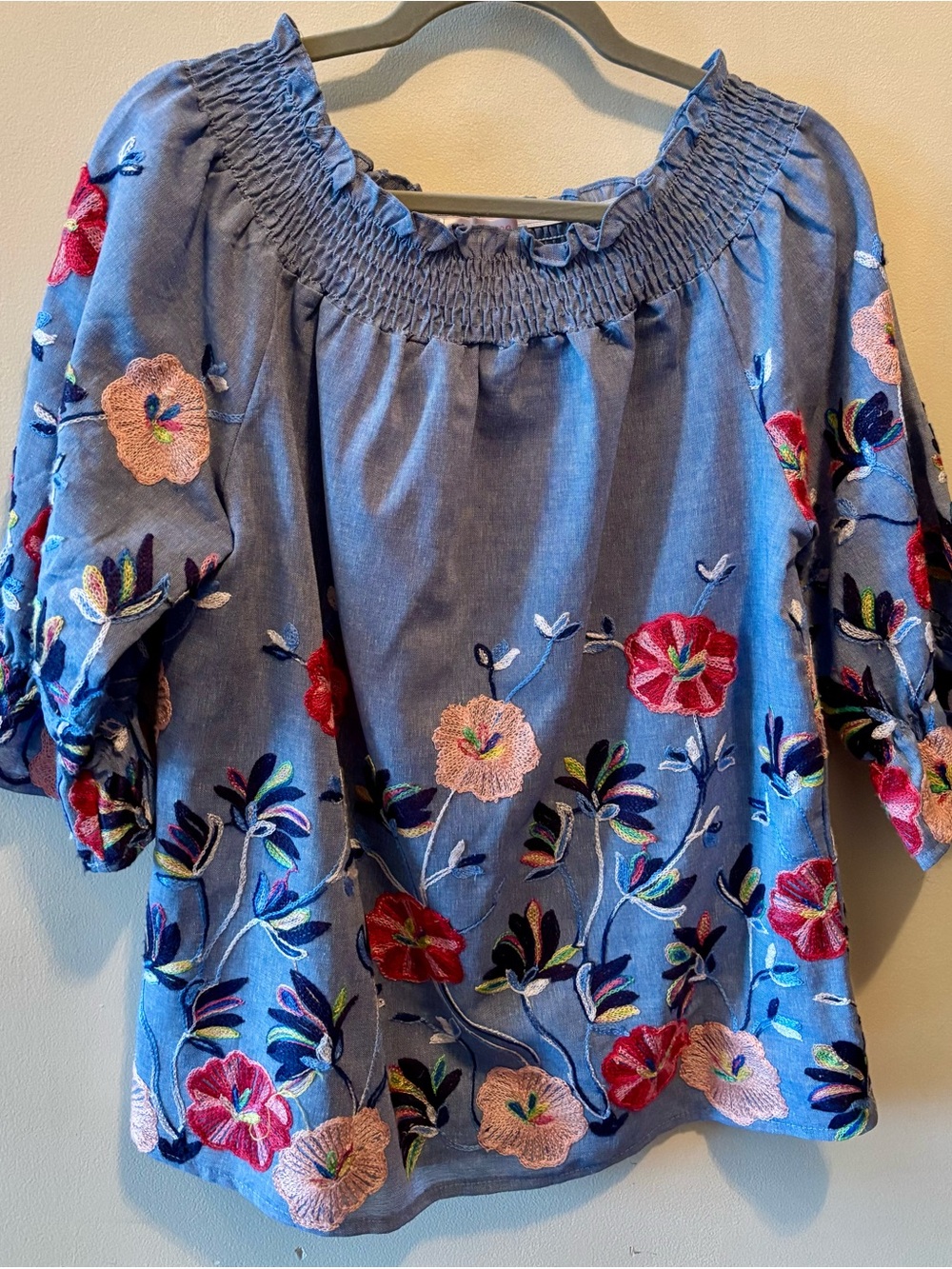 Blue Embroidered Off-Shoulder Tunic with Floral Sleeve Detail